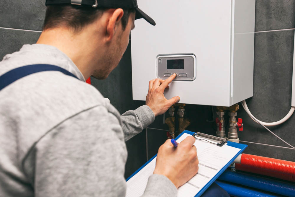 plumber inspecting a water heater